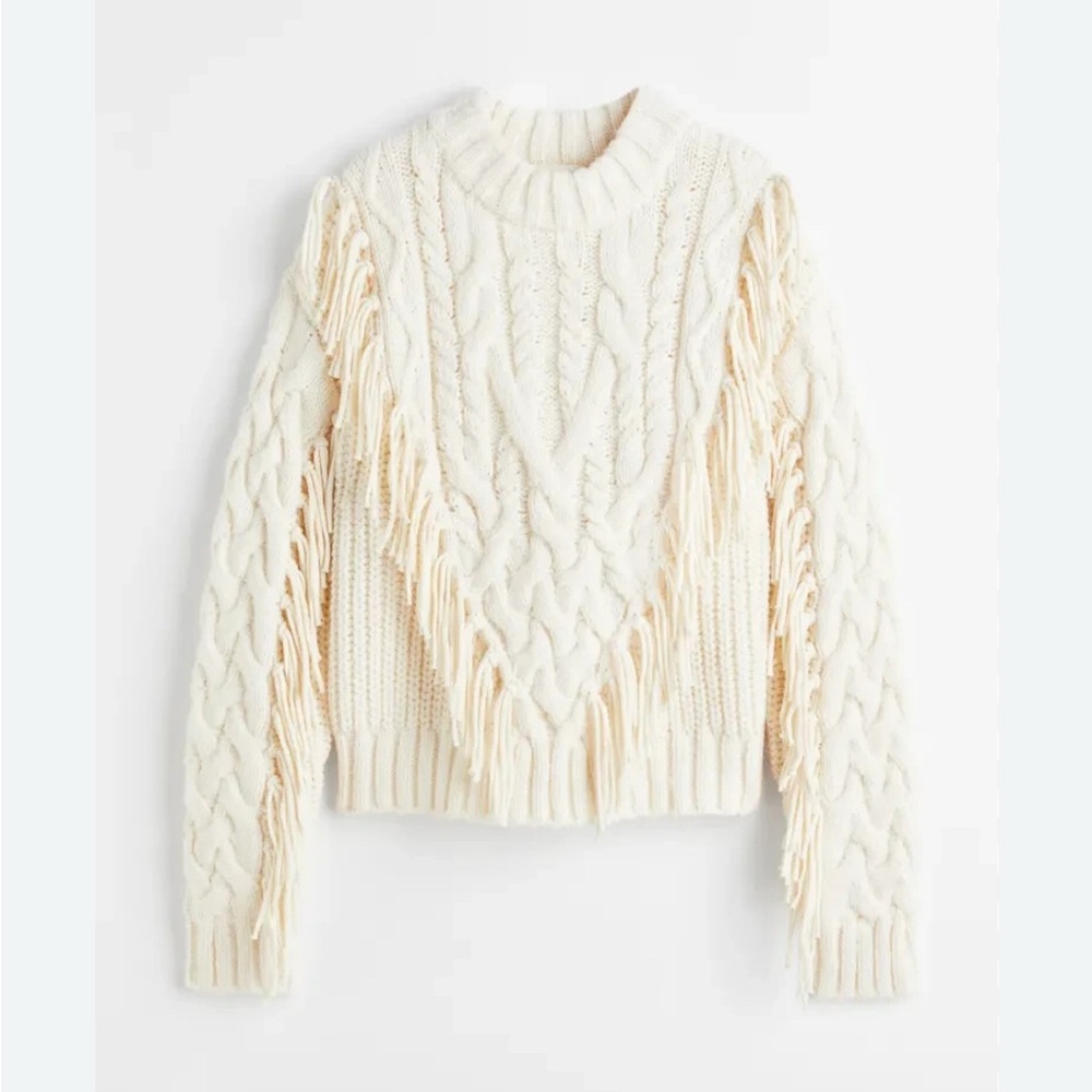 H&M Cream Cable Knit Sweater with Fringe, size small